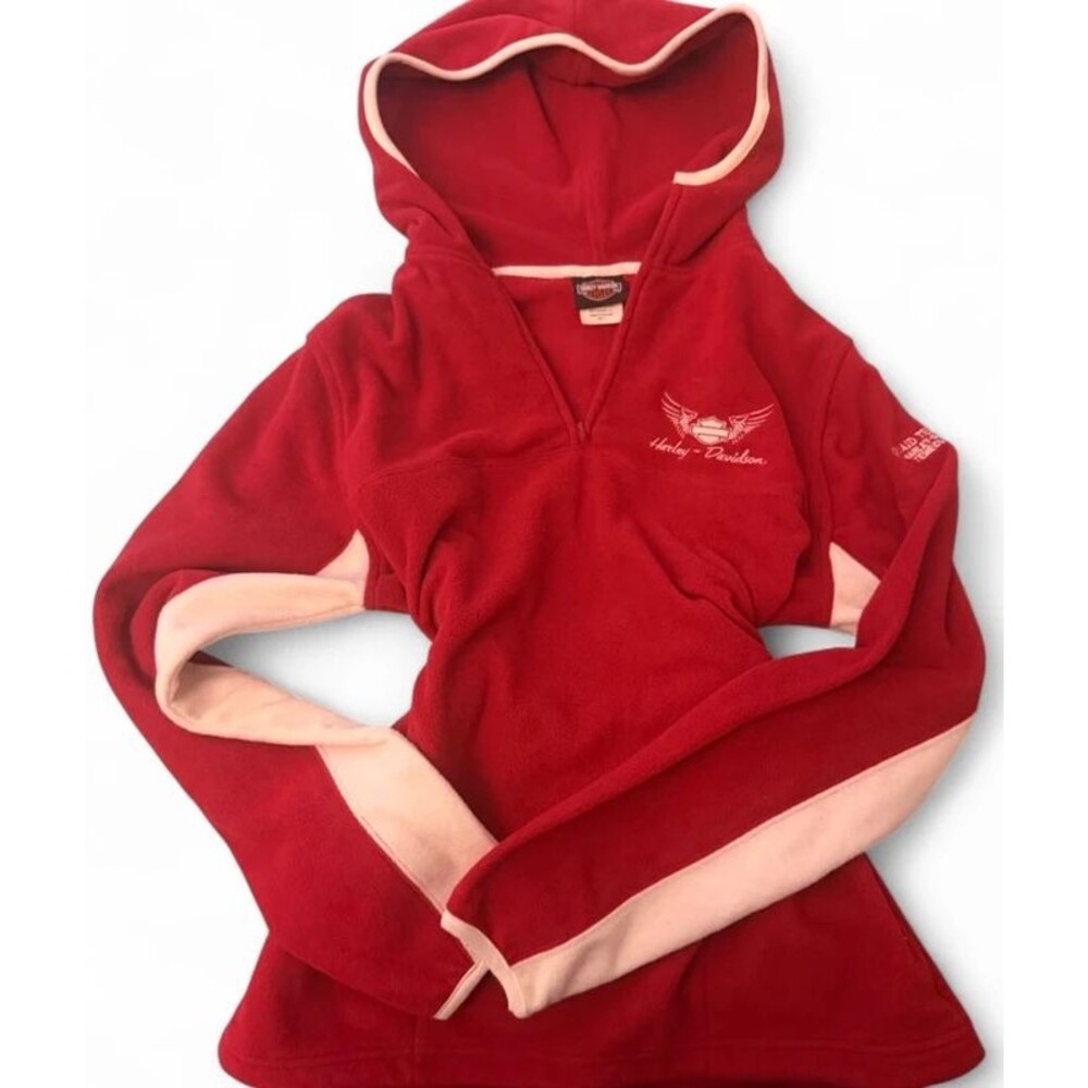 Vintage 2005 Harley Davidson Red White Fleece Quarter Zip Hoodie Sweatshirt